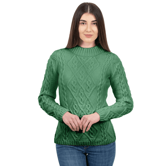 SAOL Aran Cable Knitted Irish Sweater 100% Soft Merino Wool Fisherman Pullover Women's Jumper Made in Ireland