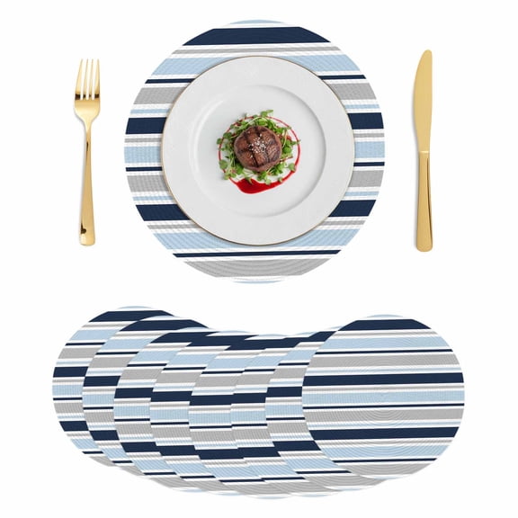 Navy Blue Gray Striped Round 13 Inch Placemats Set of 8, Farmhouse Stripes Modern Abstract Art HeatResistant Non Slip Place Mats for Dining Table, Wipeable Braided Kitchen Table Mats for Housewarming
