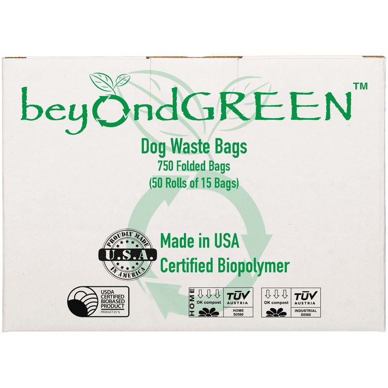 beyondGREEN Plant Based Dog Poop Waste Bags for Leash Dispenser 750 Bags 50 Rolls of 15 Green Bags 9 in x 12 in