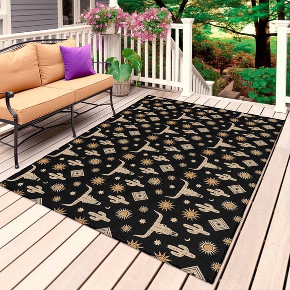 Western Cowboy Outdoor Rug for Patio/Deck/Porch, Non-Slip Large Area Rug 5 x 8 Ft, Country Cow Head Cactus Sun Vintage Indoor Outdoor Rugs Washable Area Rugs, Reversible Camping Rug Carpet Runner