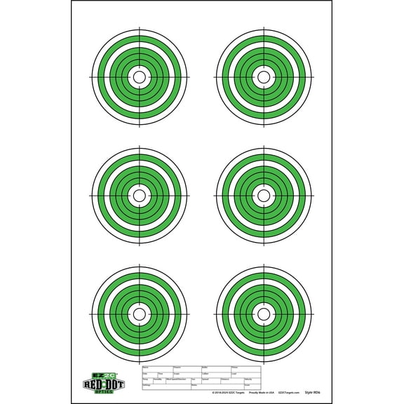 25 EZ2C Red Dot Optics RD6: Six 4' Bullseyes Paper Shooting Target Made in USA  11"x17" (Tear-Off Pad of 25)