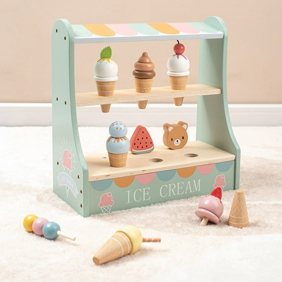 Wooden Ice Cream Playset for Kids, Baby Education Toys for 1-3 Years Old, Toddler Toys Pretend Play Set with Display Shelf – Colorful Kids Play Food for Early Learning