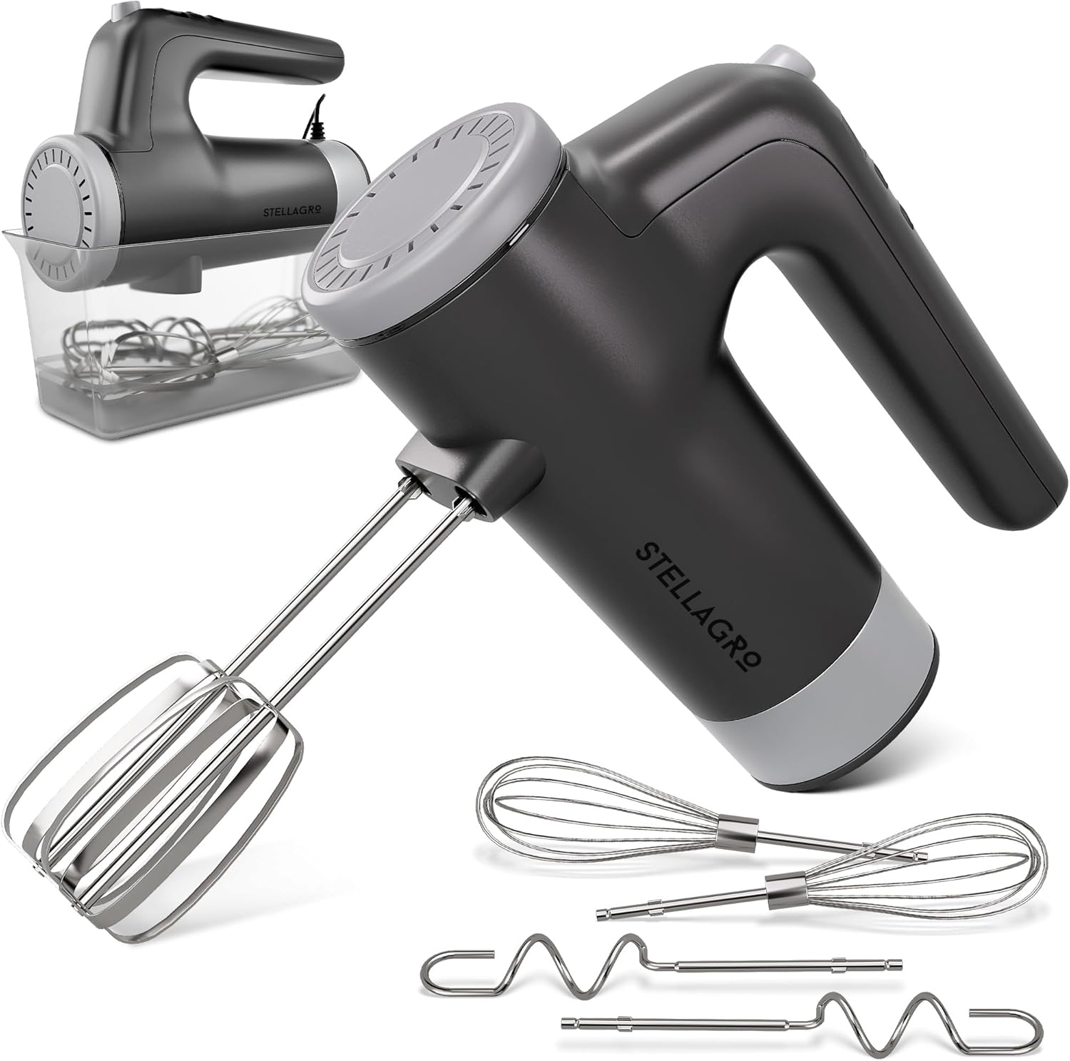 Electric Hand Mixer 9 Speed with Stainless Steel Whisk, Flat Beater & Dough Hook, Snap Storage , Compact Lightweight 350 W Powerful handheld mixer for Baking & Cooking, Gray