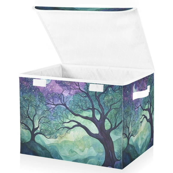 Yayeee Collapsible Cube Storage Bin with Lid Fabric Closet Decorative Basket with Handles, Moonlight Forest