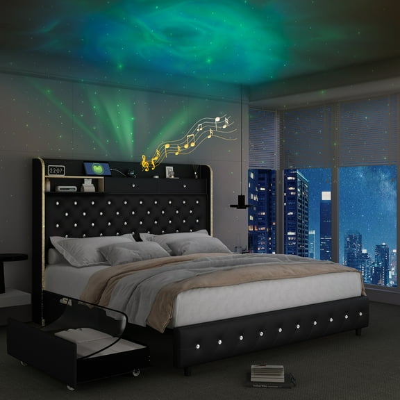 SIBEDS Full LED Bed Frame with Galaxy Projector, Charging Station, 52" Headboard & 2 Drawers, Black