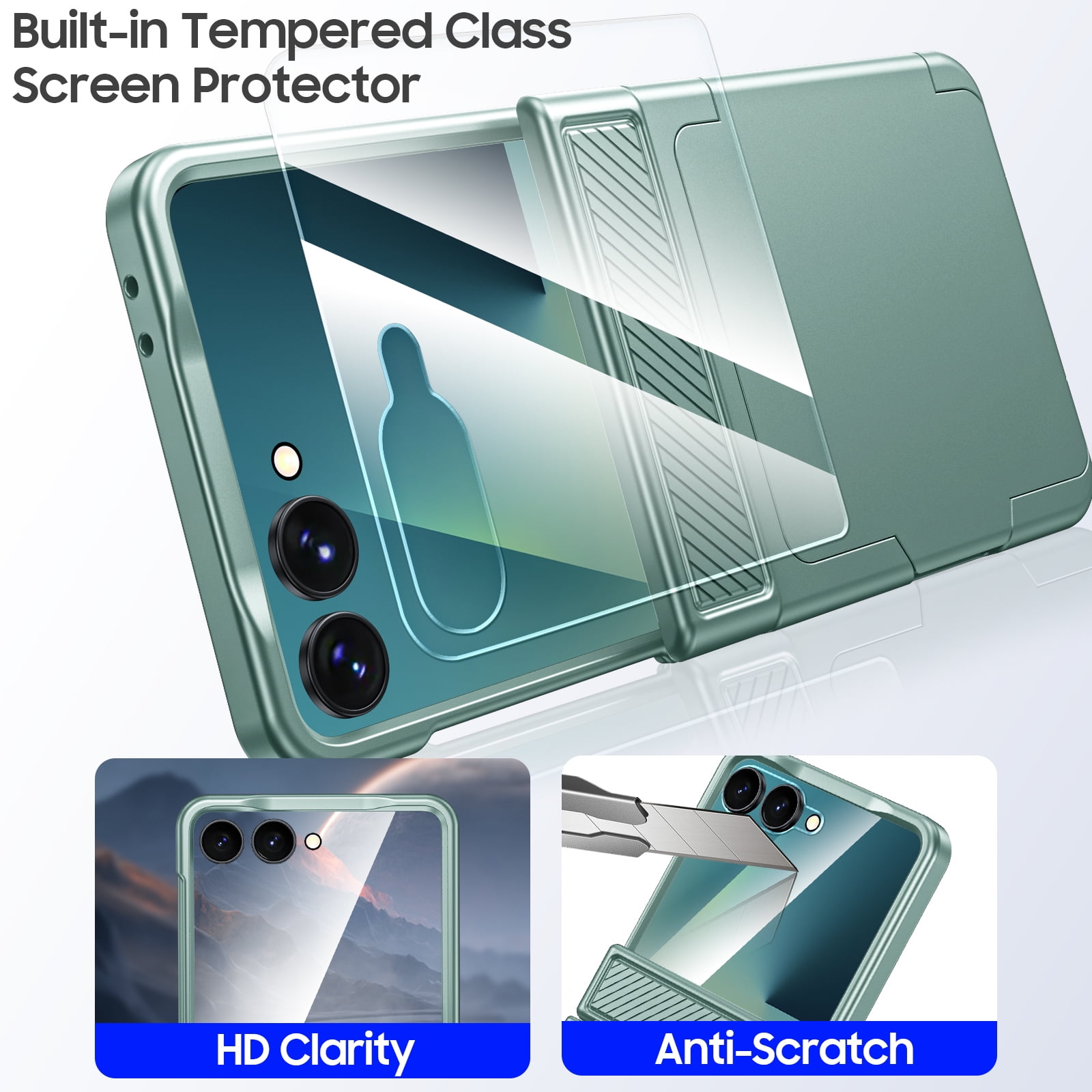 Vizvera for Samsung Galaxy Z Flip 7 Phone Case with Card Holder RFID Blocking,Built in Hinge Protection, Screen Protector-Light Green