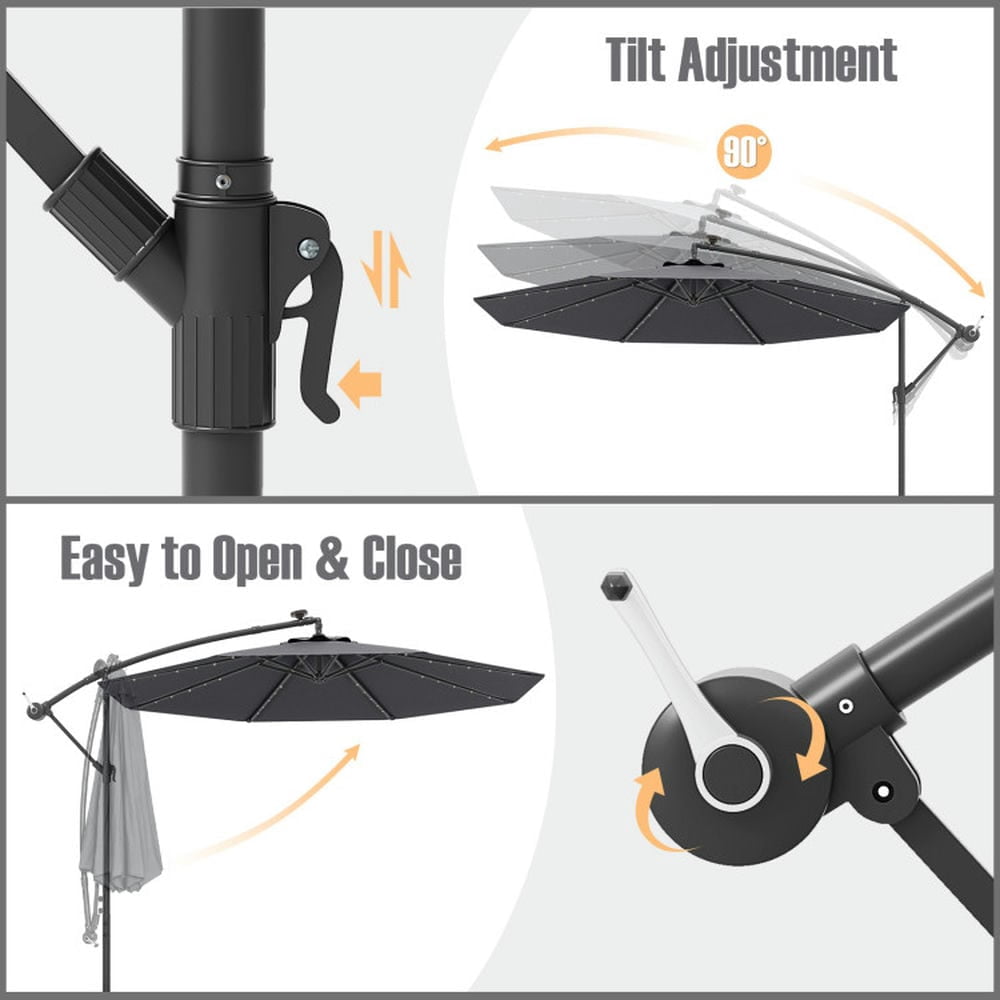 Demifill 10 Ft Patio Umbrella Offset Cantilever Umbrella with 40 Solar Powered Lights, Offset Patio Umbrella for Outdoor, Gray