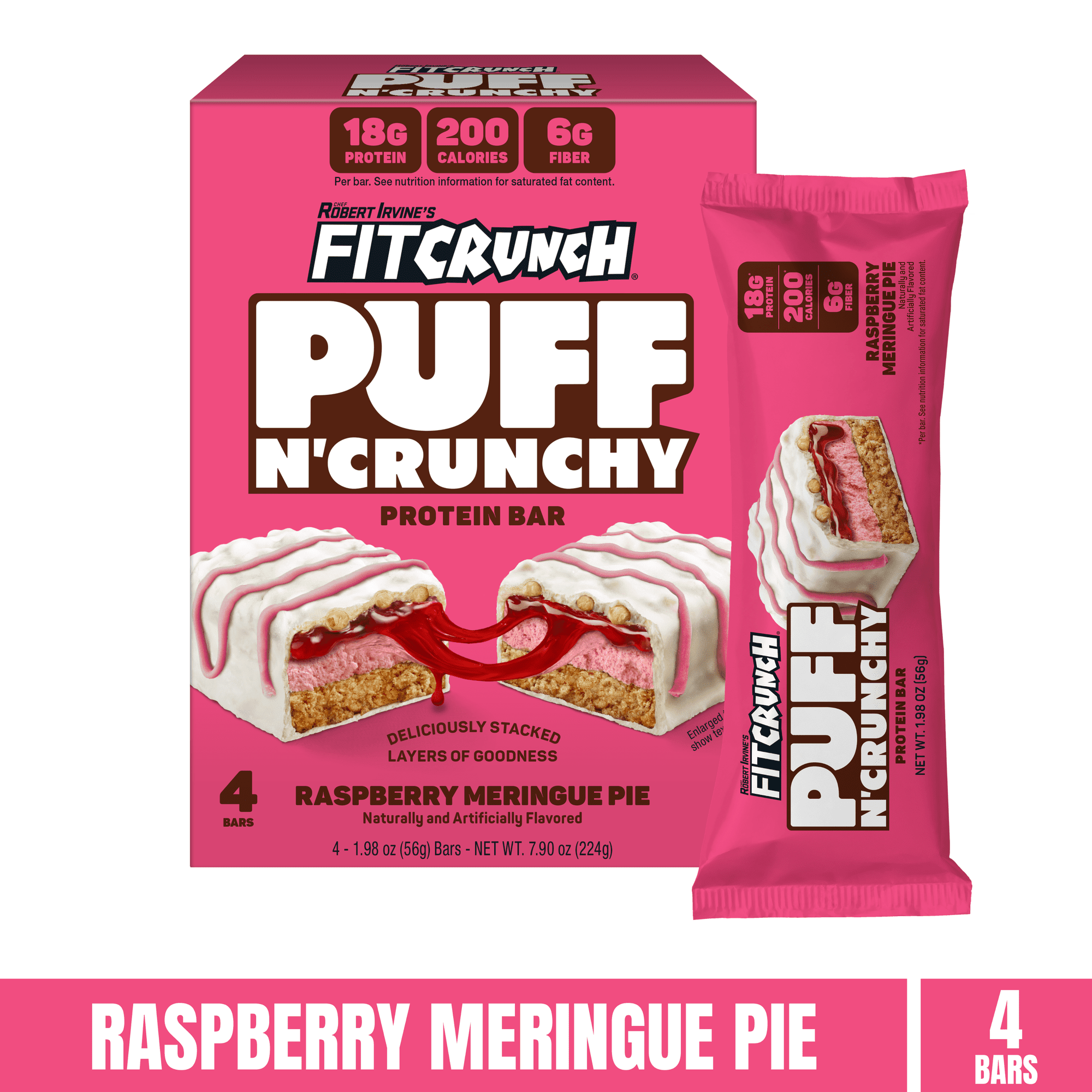 FITCRUNCH Puff n' Crunchy, Raspberry Meringue Pie, 18g Protein, 4 Count