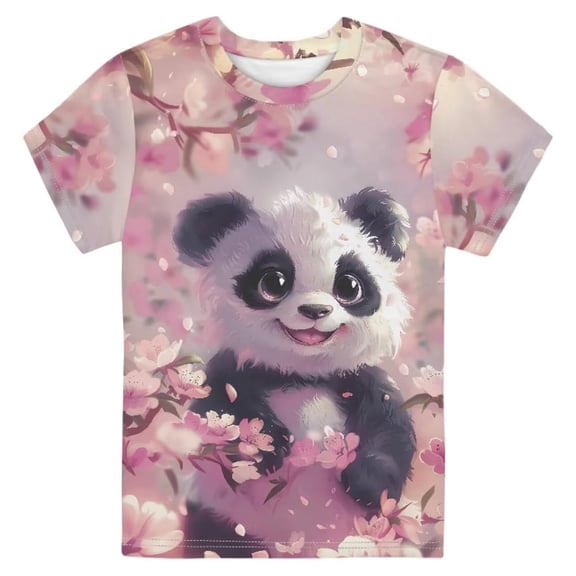 Lullu Graphic Tee for Girls Cute Panda Floral Short Sleeve T-Shirt Top, Pink, Sizes 2-15