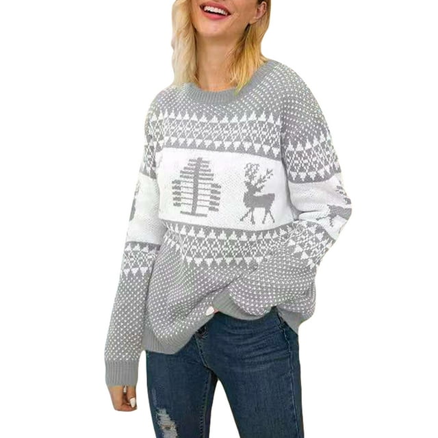 xiaxaixu Chandails de Noël pour Femmes, Manches Longues Col Rond Imprimé Géométrique Renne Pull Décontracté