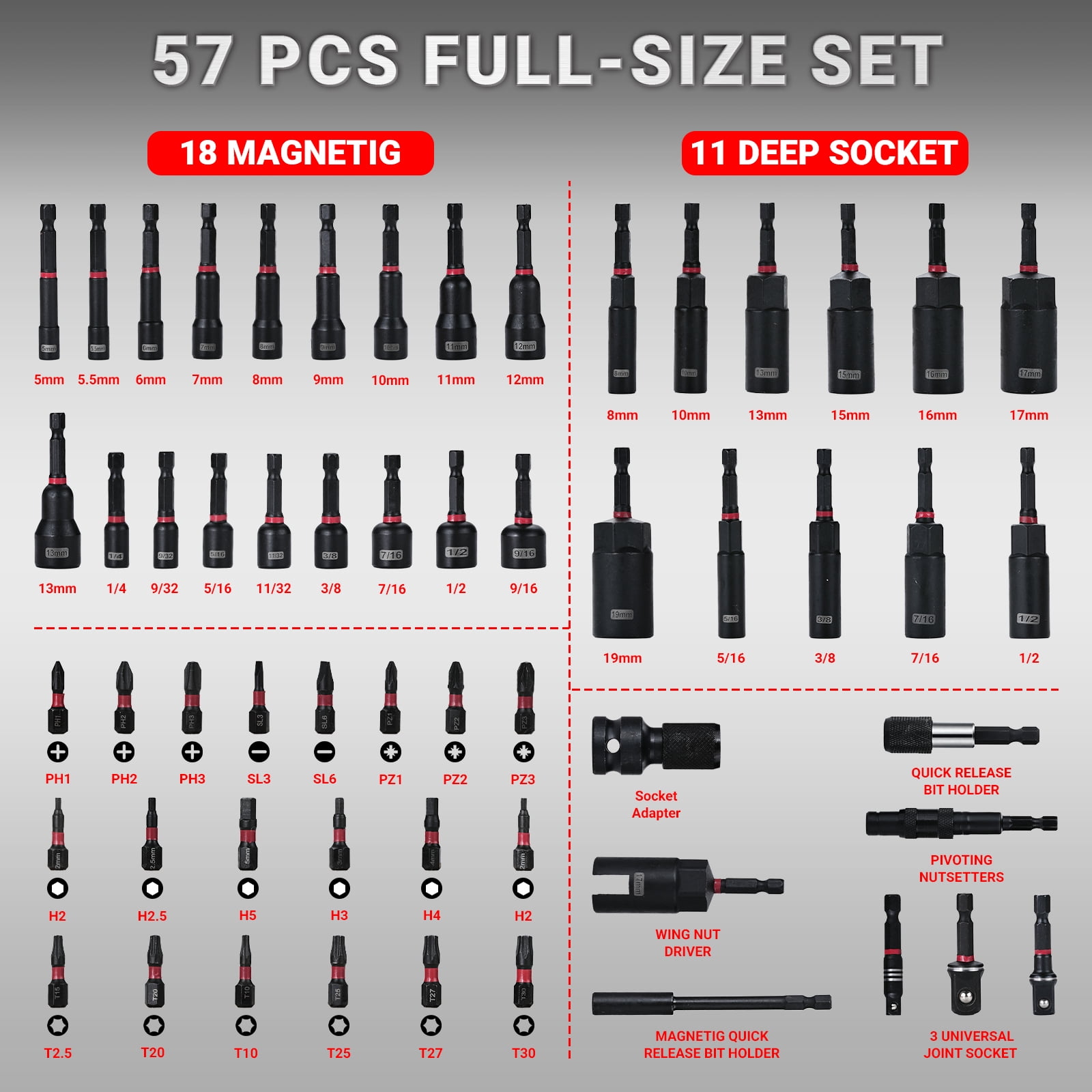 Goobetter 57PCS Magnetic Impact Nut Driver Set for Impact Drill, Magnetic Nut Driver Set Metric & SAE with Deep Nut Drivers, Socket Adapters, Wing Nut Driver, Power Bits, Quick Release Extension