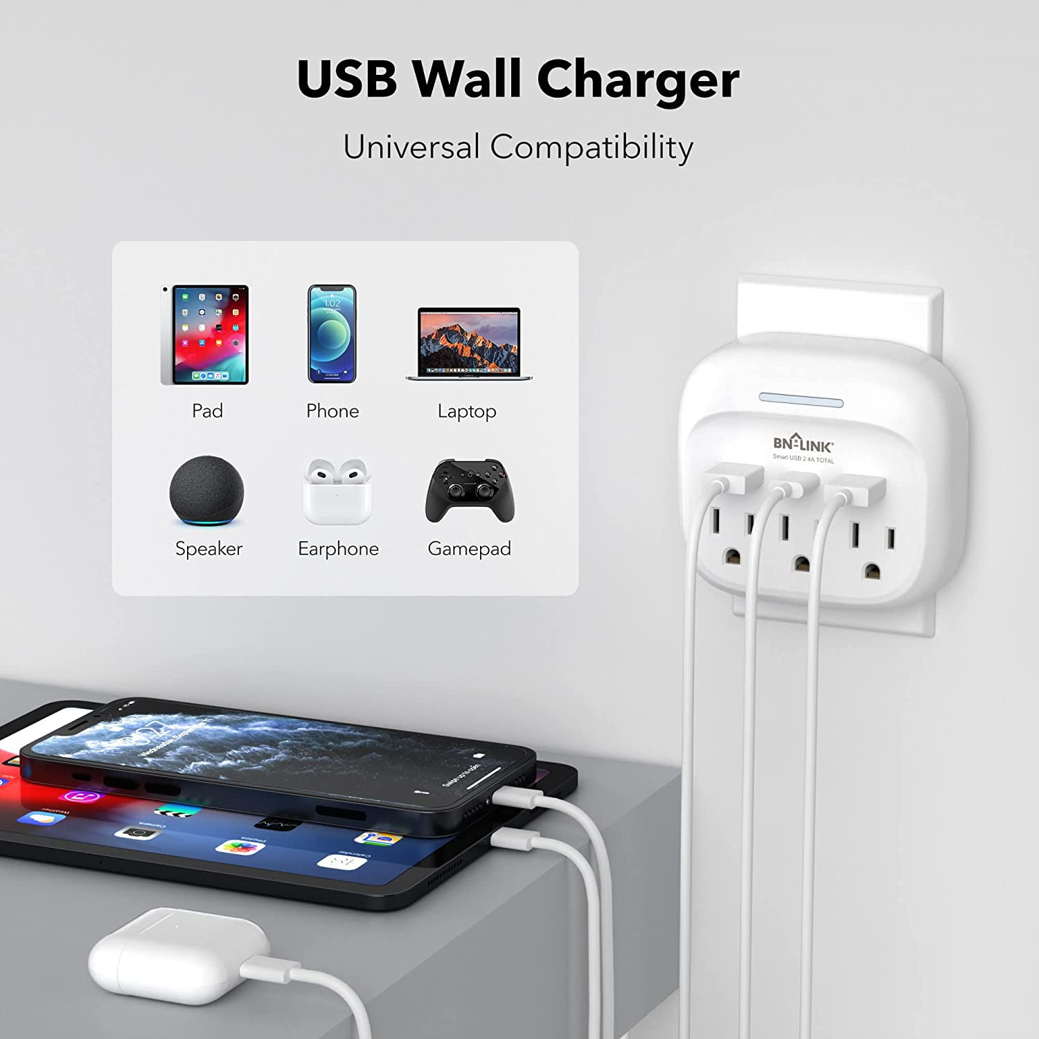 BN-LINK Outlet Extender 2 Pack - 4 AC Outlets + 3 USB Ports Cruise Ship Approved