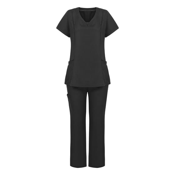 CIENVNSTG Scrub Sets Women V Neck Short Sleeve Scrub Tops Soft Stretch Solid Color Straight Leg Pants Black XL