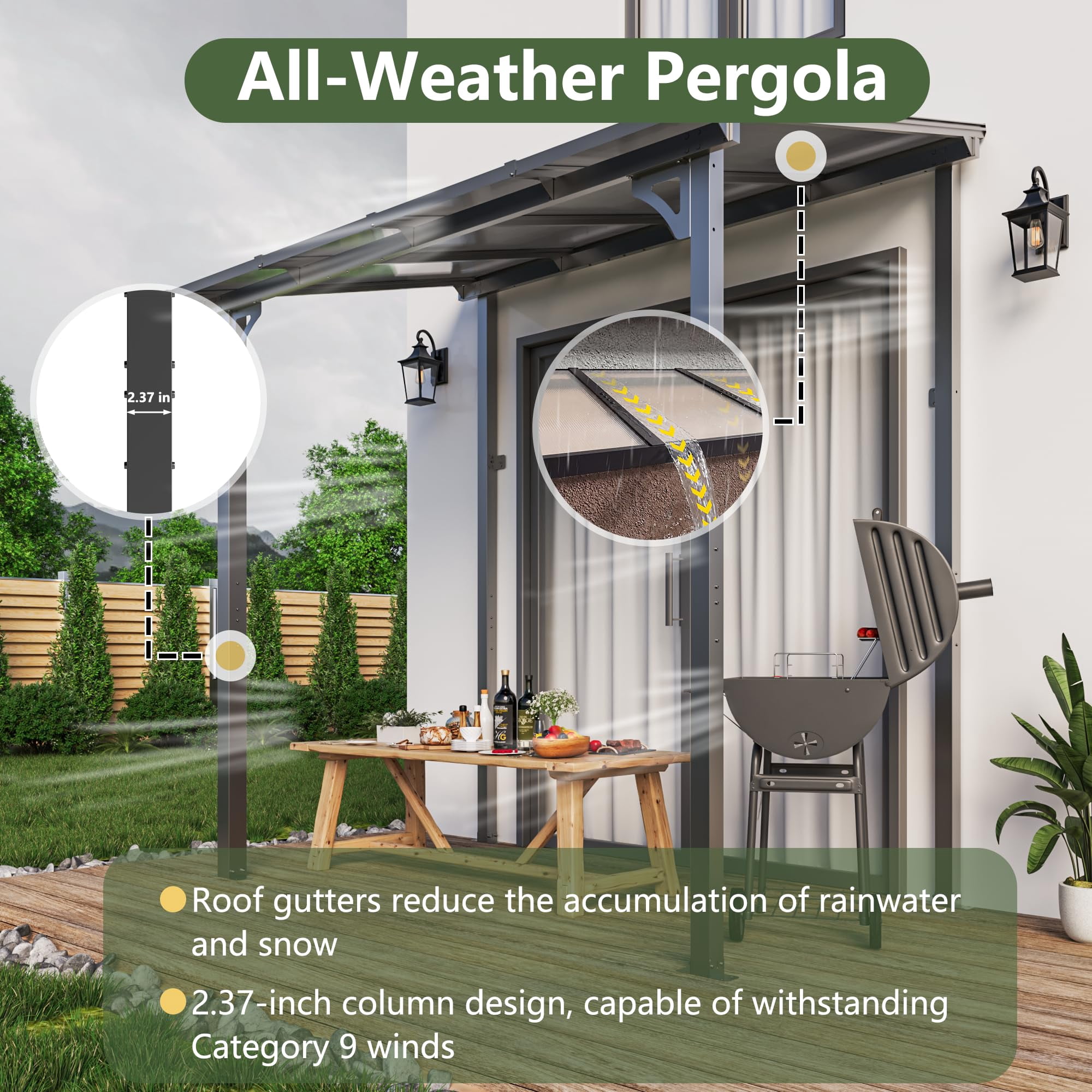ALAULM 5 FT x 8 FT Pergola, Lean to Gazebo with Ground Anchor Sturdy Structure, Outdoor Gazebo with Sloped Roof, Galvanized Steel Metal Pergola, Wall Mounted Gazebo for Backyard Deck Tawny