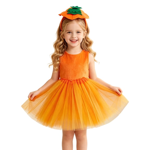 CONZONE Halloween Outfit For Girls Hallowmas Tulle Dress With Headband Dress Up Clothes For Kids Funny Festival Stage Party Outfits Orange