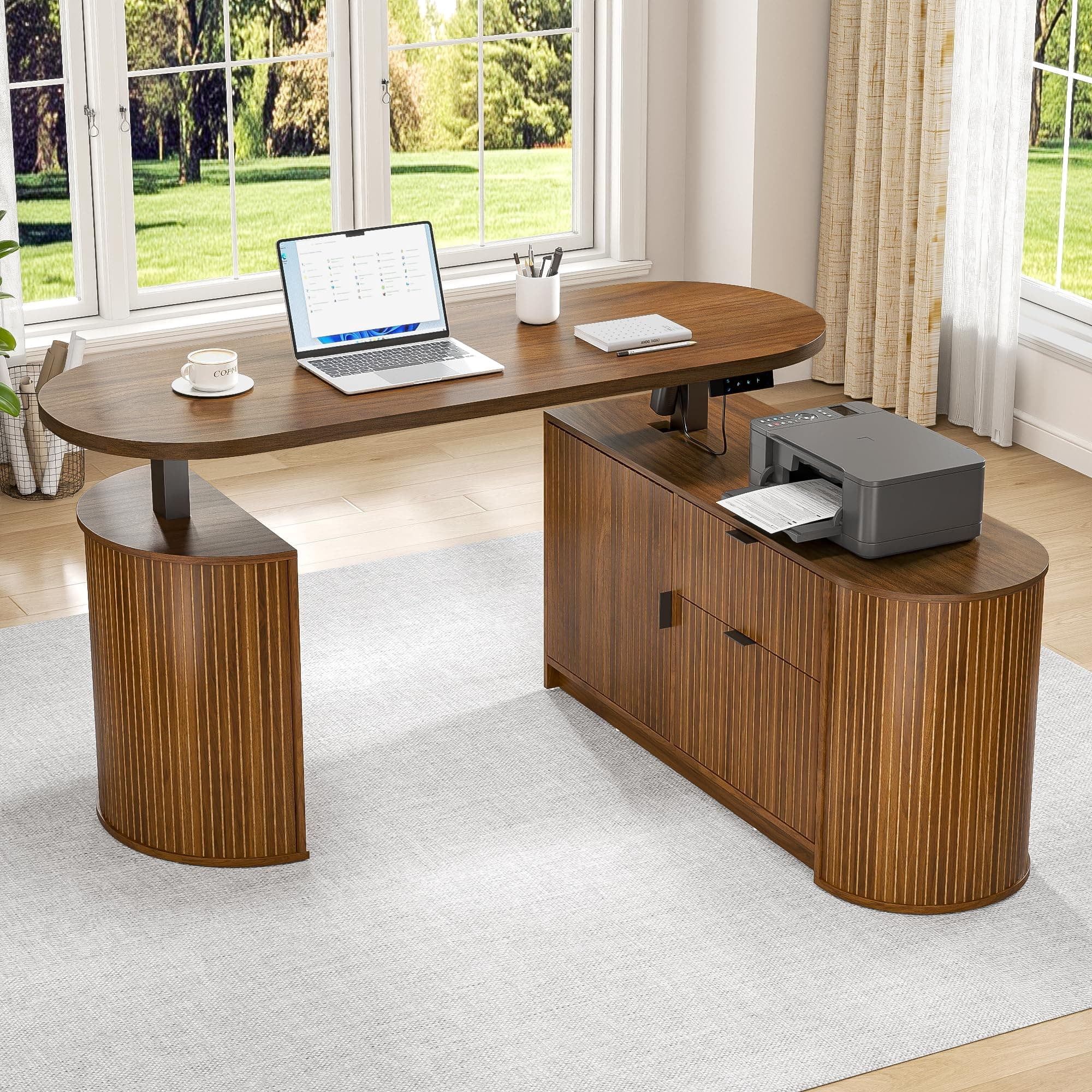 Electric L Shaped Standing Desk, 59" Mid Century Adjustable Height Desk with Drawer & 2 Cabinets
