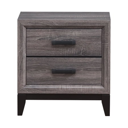 Nightstand with 2 Drawers Transitional Bedroom Side Table in Foil Gray and Black Solid Rubberwood and MDF Construction with Center Glide Drawers and Black Hardware Square Shape