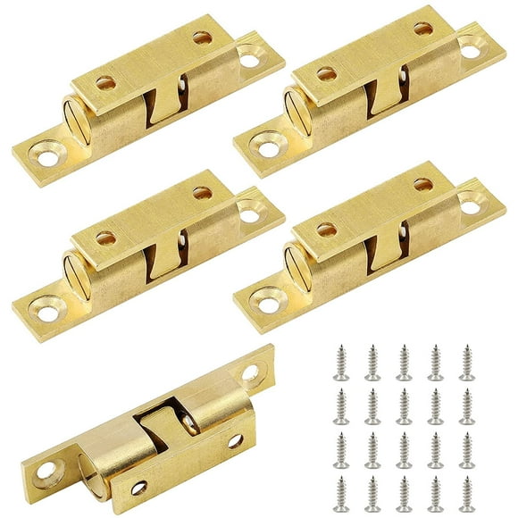 Jiozermi 5Pcs 2.75"/ 70mm Double Ball Tension Roller Catch Latch, Solid Brass Hardware Fitting with Screws for Cabinet, Closet & Furniture Door, Golden