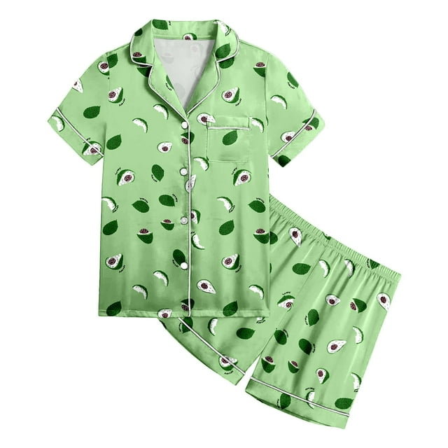 Pyjamas en Satin 2 Pcs pour Filles Ensemble Chemise à Manches Courtes Imprimé Graphique et Short Pyjama Bébé Fille Vert 6 Ans-7 Ans