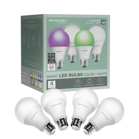 Merkury Smart Color Bulb (4 Pack) 9W (60Watt Eqv), A19/E26, RGBW Dimmable Smart Bulbs