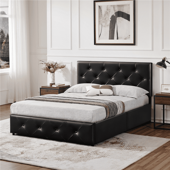 Yaheetech Upholstered Platform Bed with Adjustable Headboard and 4 Drawers Storage, Full, Black