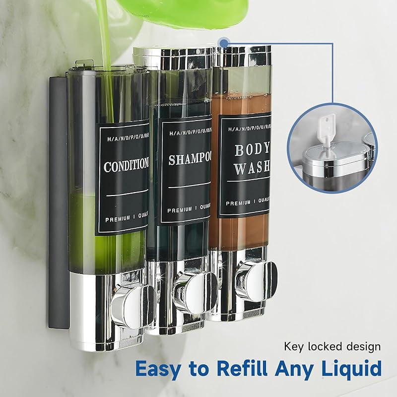 Carmujin 3 Chamber Shower Soap Dispenser, No Drill Wall Mounted Bathroom Organizer