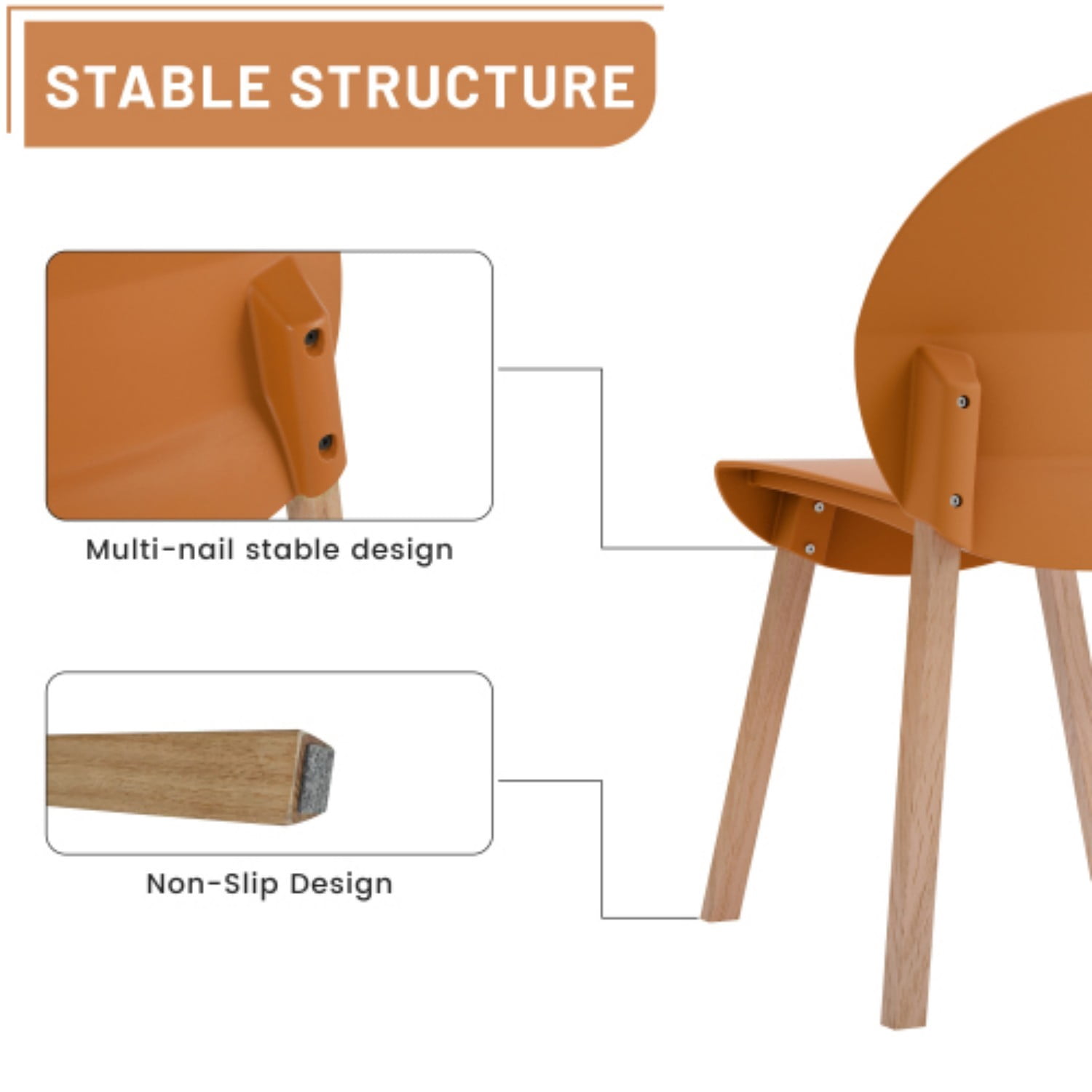 Dining Chairs Set of 4, Modern Kitchen Chairs with PP Seats & Solid Red Oak Wood Legs, 330 lb Capacity, Indoor Dining Room Living Room Chairs, Tropical Orange
