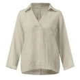 thumbnail image 6 of Womens V Neck Shirts Linen Cotton Long Sleeve Blouse Tunic Tops Cover Up Shirt Loose Beach Bikini Dress Beige L, 6 of 6