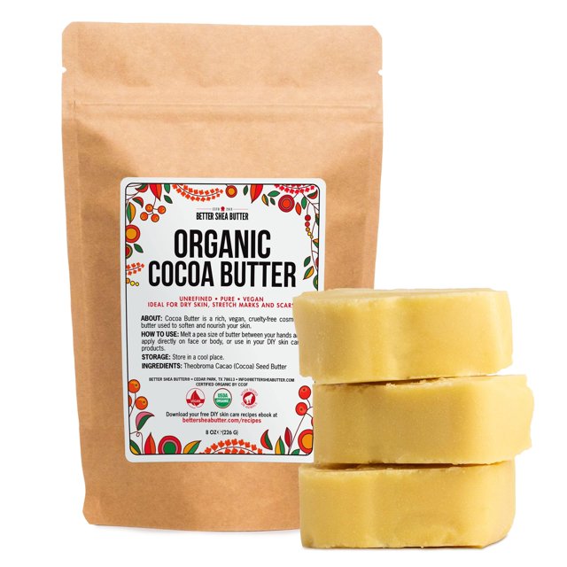 Better Shea Butter Manteca de cacao orgánica cruda sin refinar - USDA de grado alimenticio - Manteca de cacao para cicatrices Crema de estrías - manteca de cacao cruda orgánica para bálsamo labial