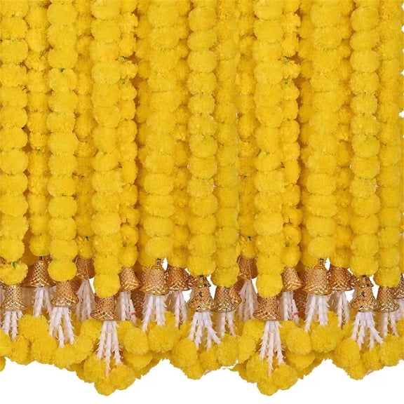 Marigold Garland for Decoration Long Strands Artificial Marigold Flowers with Bell, Indian Décor for Pooja/Diwali Decorations/Christmas