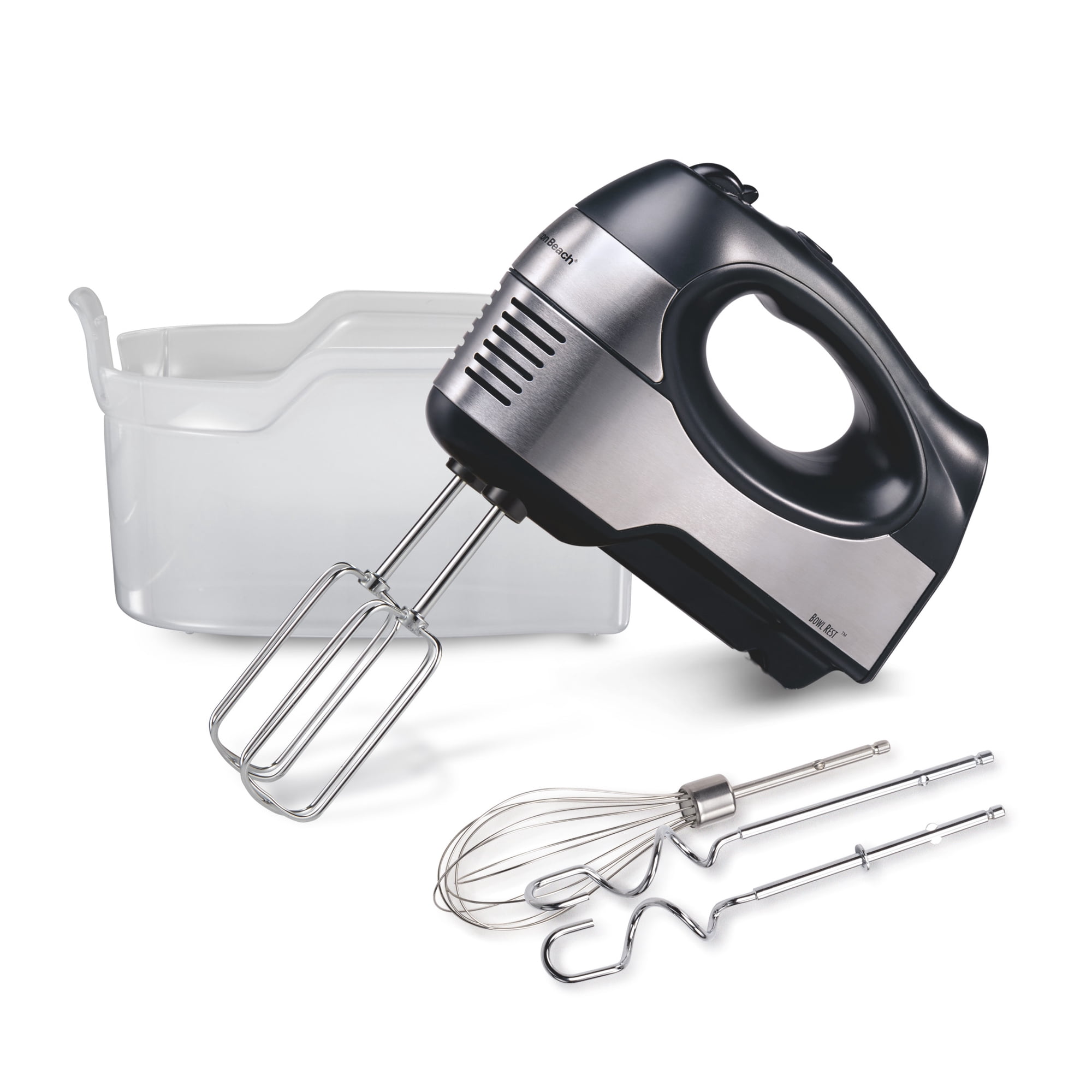 Hamilton Beach Electric Hand Mixer, 6-Speed Corded, 300 W, 5 Attachments and Snap-On Storage, Stainless Steel/Black