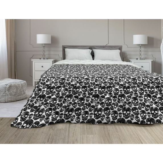 Gothic Down Alternative Comforter, Baroque Pattern with Floral Curves Old Fashioned Antique Design Skull Motifs, Microfiber Quilt for All Season, 5 Sizes, Ruby Cocoa White, by Ambesonne