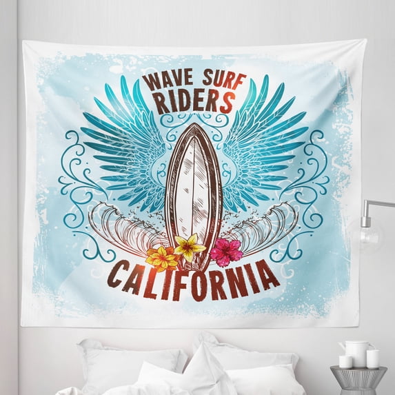 Surf Tapestry, Board Sign with Sketch Flowers Like Wings Wave Riders as Free Flying Bird Image, Fabric Wall Hanging Decor for Bedroom Living Room Dorm, 5 Sizes, Multicolor, by Ambesonne
