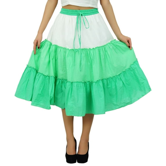 Bimba Flaired Cotton Boho Summer Skirt Elastic Waist Mid-Calf Ruffle Skirts