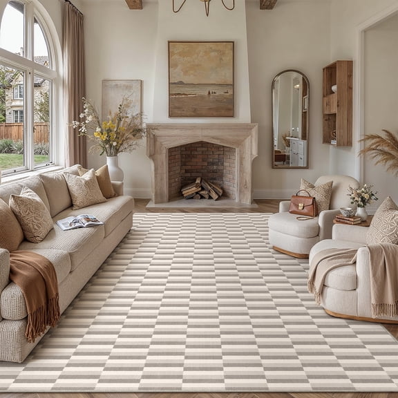 BERTHMEER 8'x10' Area Rugs for Living Room Large Gray and Beige Striped Pattern Rugs for Bedroom Office Machine Washable Farmhouse Dining Room Rugs Non Slip Modern Contemporary Geometric Carpets