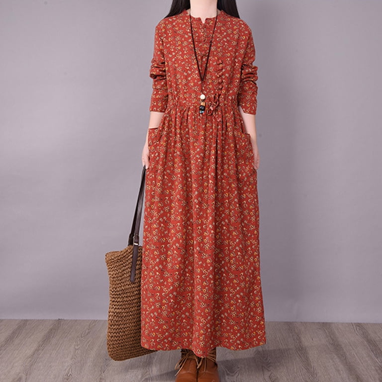 Brgzlk Women's Retro Linen Dresses Frog Button Small Floral Print Casual Waist Tucking Beach Vocation Long Sleeve Dress for Spring Summer Red XXL, Brgzlk Women's Retro Linen Dresses Frog Button Small Floral Print Casual Waist Tucking Beach Vocation Long Sleeve Dress for Spring Summer Red XXL,