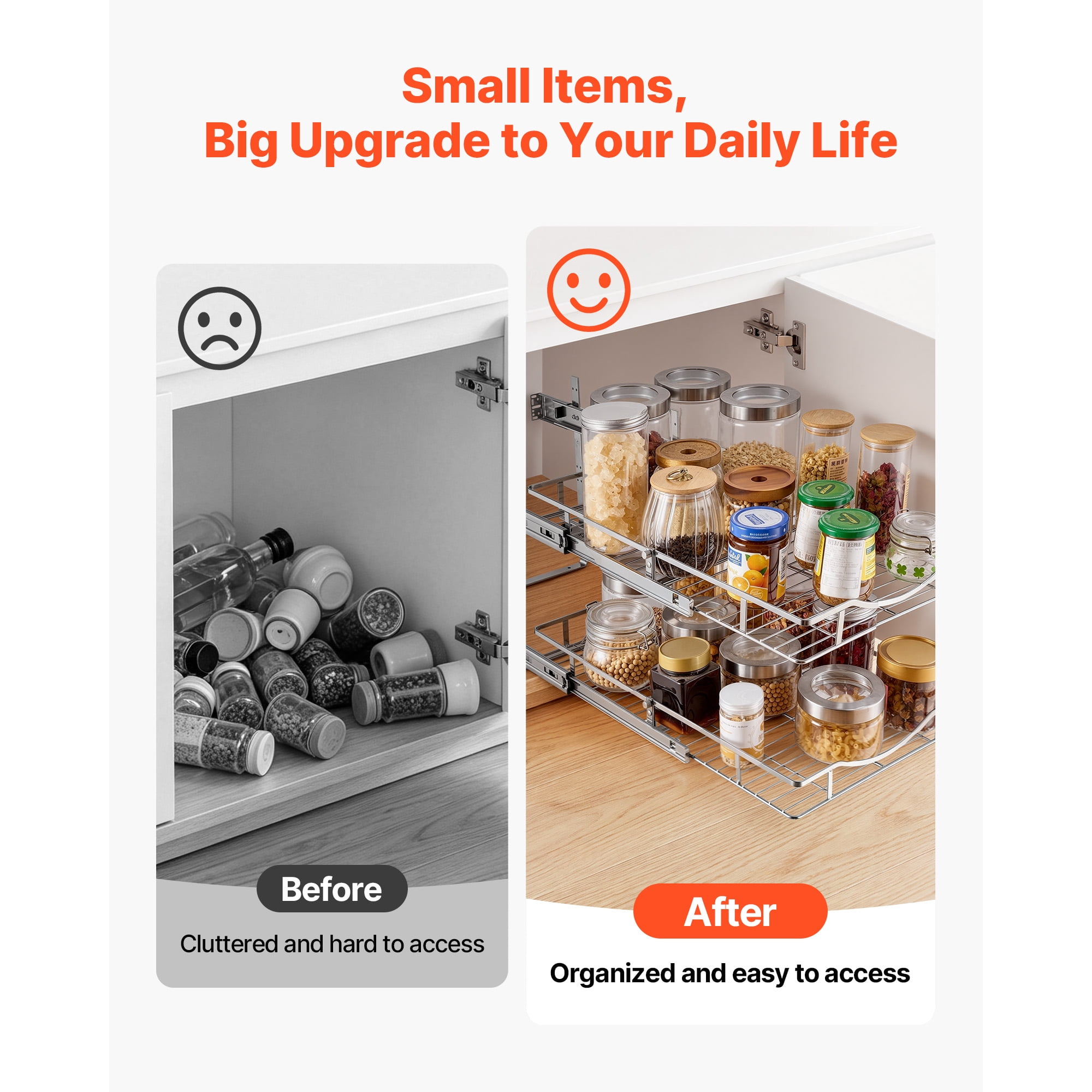 KFFKFF 2-Tier Slide-Out Cabinet Organizer, 14.17"W x 21.06"D, Chrome-Plated Steel Shelves for Kitchen, Bathroom, and Pantry Storage