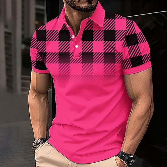 ZRGHAOYLQ Mens Hot Pink and Black Plaid Shirt Plus Size Short Sleeve Henley Shirts Big and Tall Button Up Collared Work Shirts Trendy Casual Golf Shirts Tees Tops