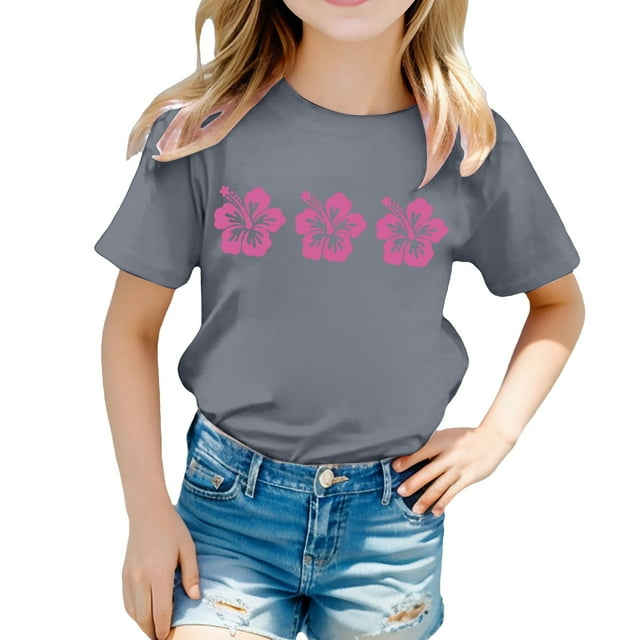 MEZZALL T-Shirt pour Tout-Petites Filles à Imprimé Floral, Col Rond, Manches Courtes, T-Shirt Décontracté, Hauts Doux, 5-6 Ans