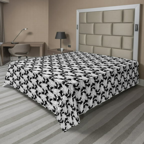 Ambesonne Floral Flat Sheet, Monochrome Aster Flowers, Full Size, Charcoal Grey Pale Grey