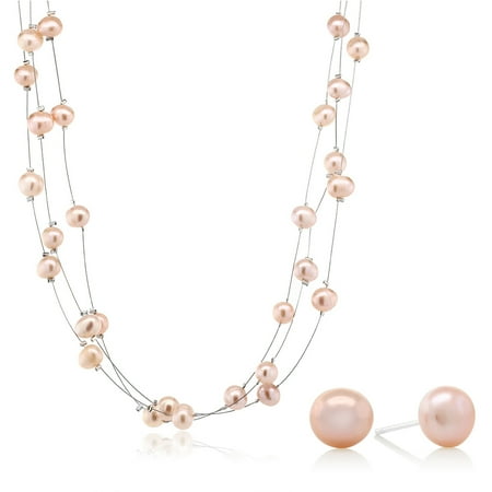 Gem Stone King 3 Row 7 8mm Pink Cultured Freshwater Pearl Necklace 3 Row 7 8mm Pink Cultured Freshwater Pearl Necklace Earrings Set 18