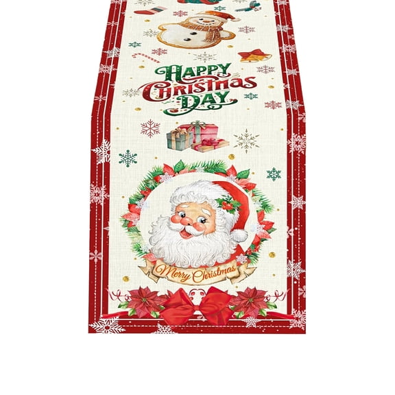 Festive Christmas Table Runner 33x183cm, Snowman Santa Illustration Printed, Traditional Winter Holiday Dining Table Decoration