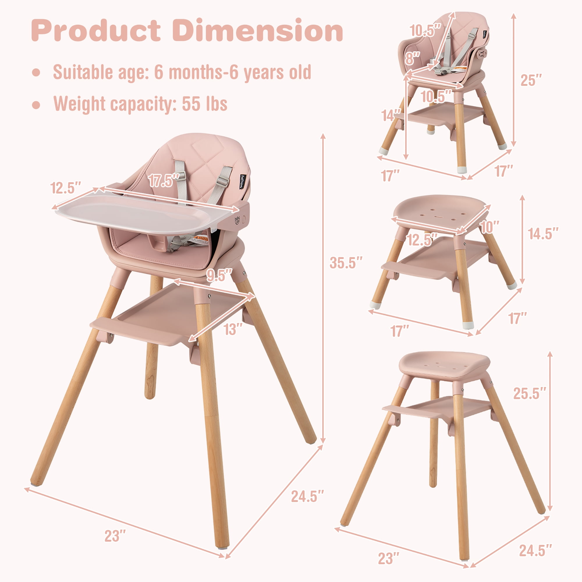 Costway 6-in-1 Convertible Wooden Baby Highchair Infant Feeding Chair with Removable Tray Pink