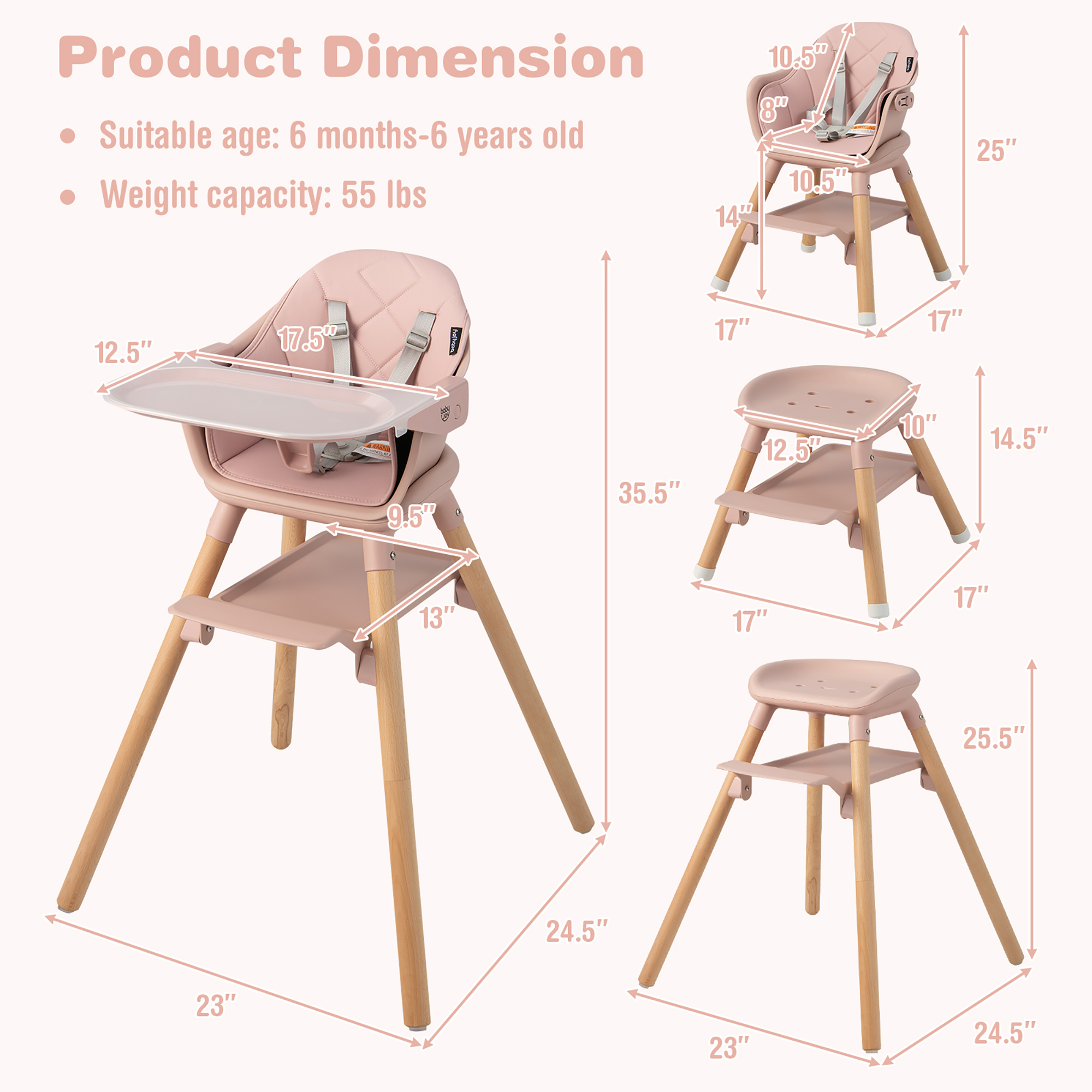 Costway 6-in-1 Convertible Wooden Baby High Chair with Removable Tray, Pink photo 8