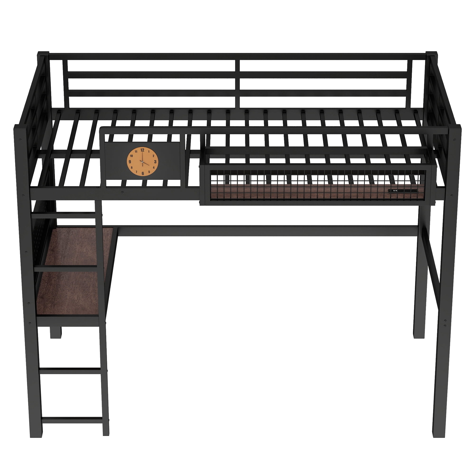 Leumius Twin XL Size Loft Bed with Desk,Metal Loft Bed Frame with Charging Port,Clock and Storage Basket,Black