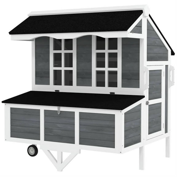 Pefilos 50" Outdoor Wooden Chicken Coop with Nesting Box, Wheels, Farm Hen House 2-4 Hens, Weatherproof Pet House for Rabbits, Bunnies, Gray