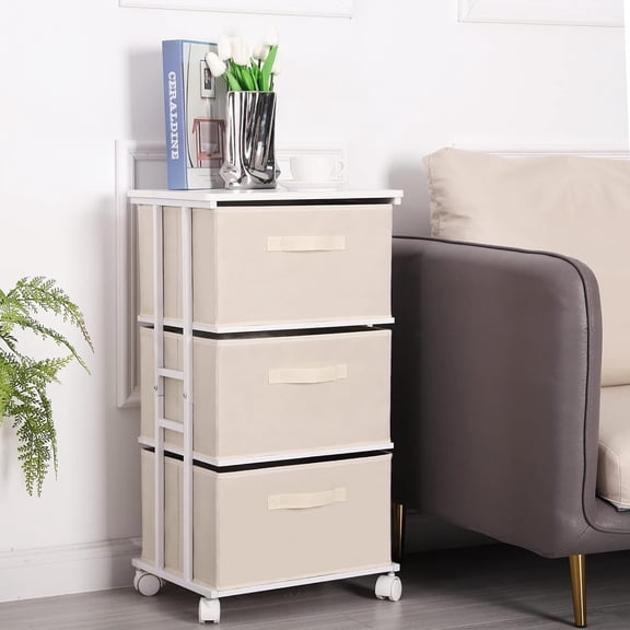 Dresser Tower with 3 Drawers for Bedroom, Fabric Storage Organizer Unit, Chest of Drawers with with WoodTop, Small Vertical Storage for Guest Room, Closet, Entryway, Nursery(Beige)