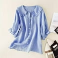 thumbnail image 2 of Women's Solid Color Ethnic Style Button Up Medium Sleeved Linen Shirt Top, 2 of 6