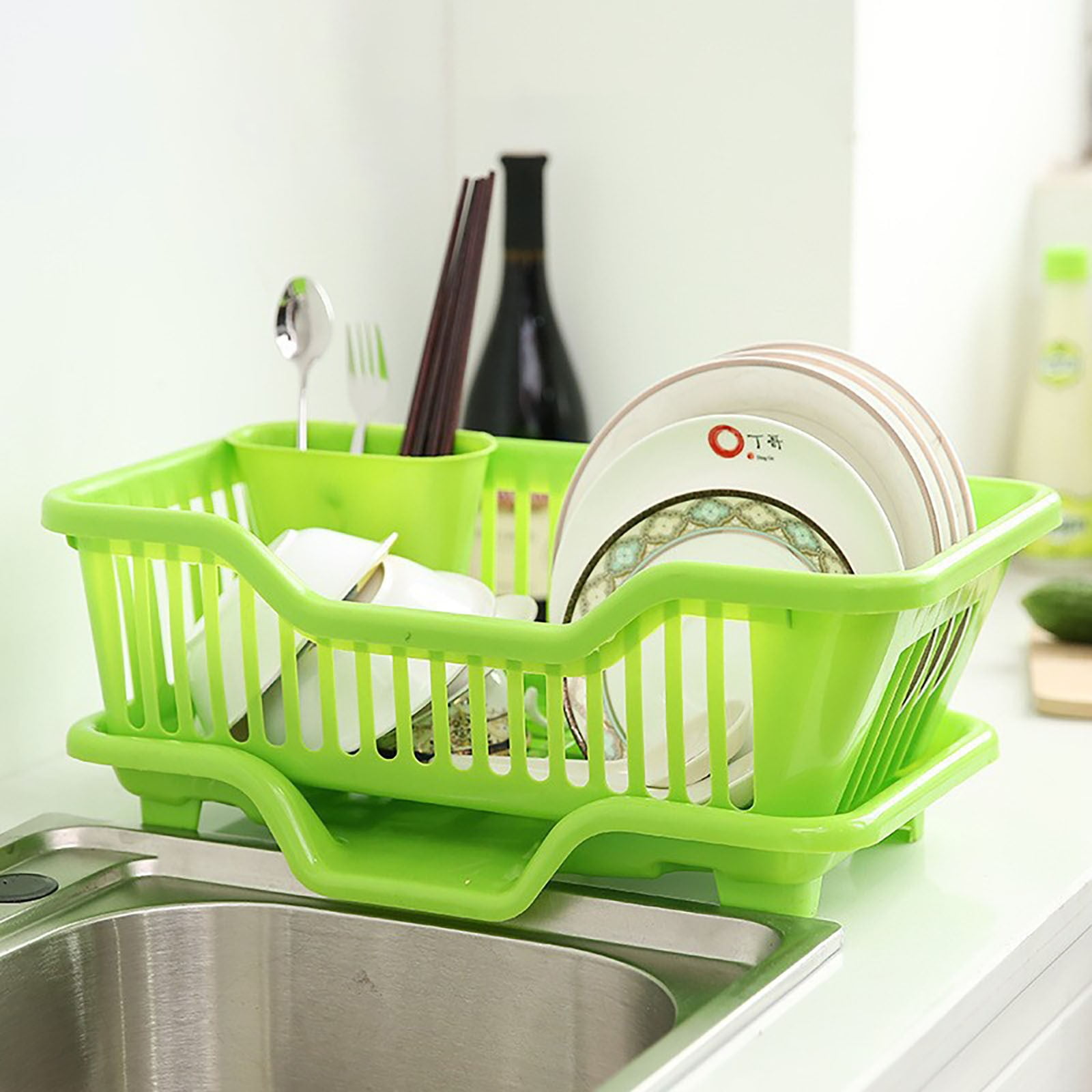 Sink Dish Drying Rack,Heavy Duty Hard Plastic Drying Rack for Kitchen Counter,Sink Organization and Storage Essentials with Silverware Utensil Holder,Home and Apartment Decor(Green,17.52x12.6x7.08")