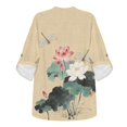 thumbnail image 4 of FKELYI Womens Faux Linen Shirt for Summer Top Shirts Roll Up Sleeve Design Oriental Lotus Flower Dragonfly Print Casual Blouse for Ladies Beach Vacation Outfits, S, 4 of 5